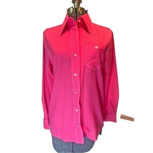 Vintage Women's Sears BIG COLLAR  Hot Pink Retro Pocket Poly MOD Pop Shirt Small